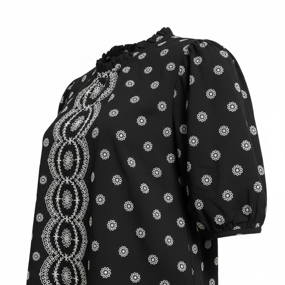 Loft Black and White Embroidered Eyelet Puff Sleeve High Neck Boho Top Size L - Picture 6 of 10